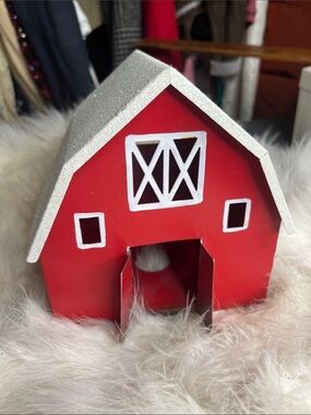 Metal Tin Red Farm Barn Decorative Bird House with Glitter Roof Decor Farmhouse
